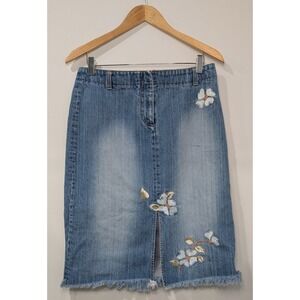 Kenneth Cole New York Denim Midi Skirt Floral Embroidery Frayed Hem Size 8